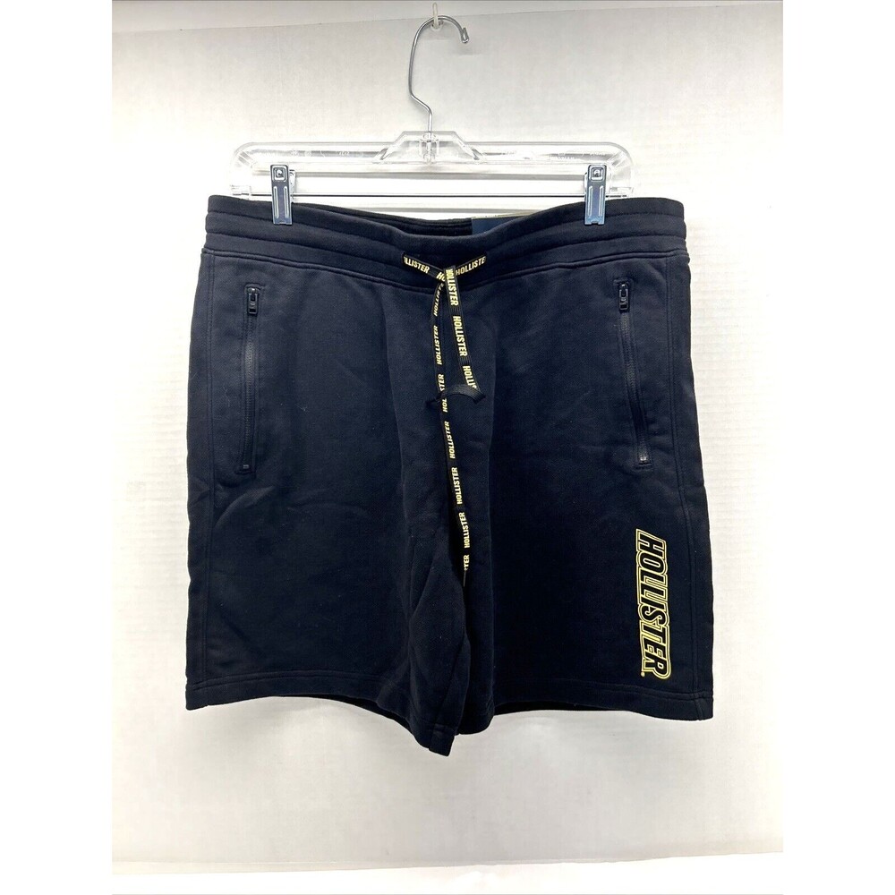 HOLLISTER Jogger Shorts Knit Black/Yellow Logo Zip Pockets Elastic Waist Mens L